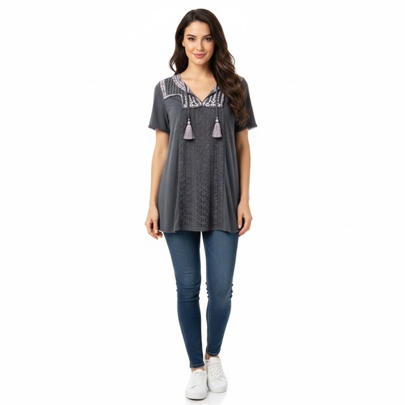 Artesia Tunic Top Womens Medium Blue Embroidered Lace Short Sleeve Tassels Boho - Picture 1 of 13
